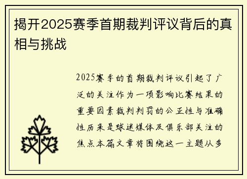 揭开2025赛季首期裁判评议背后的真相与挑战